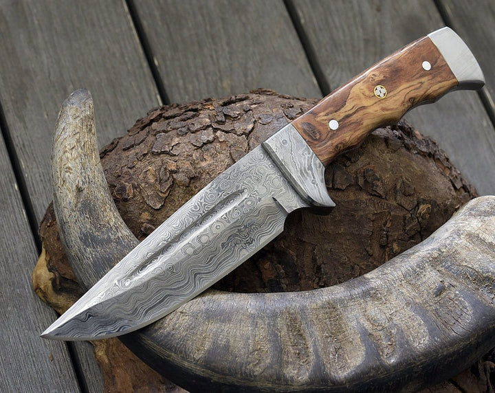 Damascus Knife - Rune Camping Knife with Exotic Leopard Wood Handle - Shokunin USA