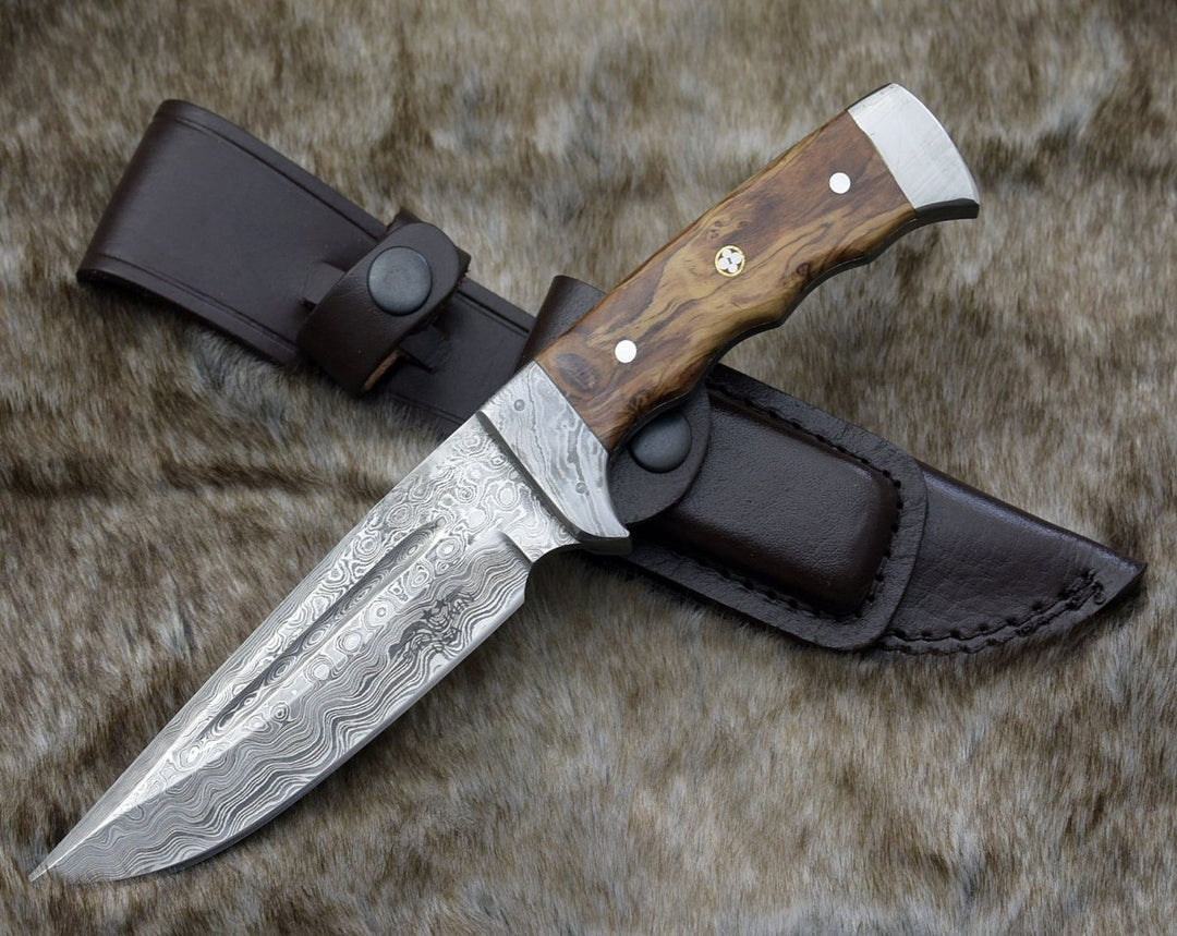 Damascus Knife - Rune Camping Knife with Exotic Leopard Wood Handle - Shokunin USA