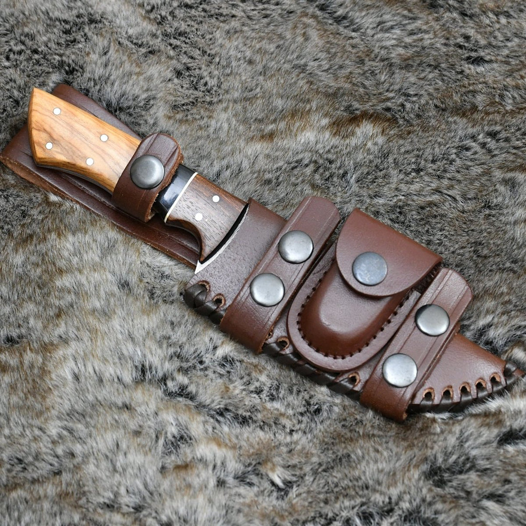 Damascus Knife - Sculptor Camp Knife with Exotic Olve Wood Handle - Shokunin USA