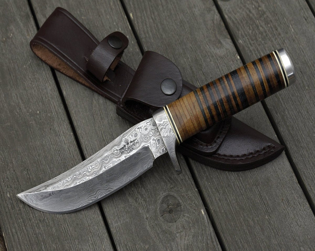 Utility Knife - Serenity Damascus Hunting Knife with Stacked Leather Handle - Shokunin USA