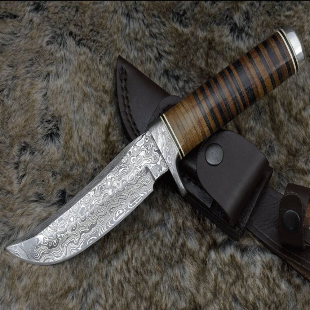 Utility Knife - Serenity Damascus Hunting Knife with Stacked Leather Handle - Shokunin USA