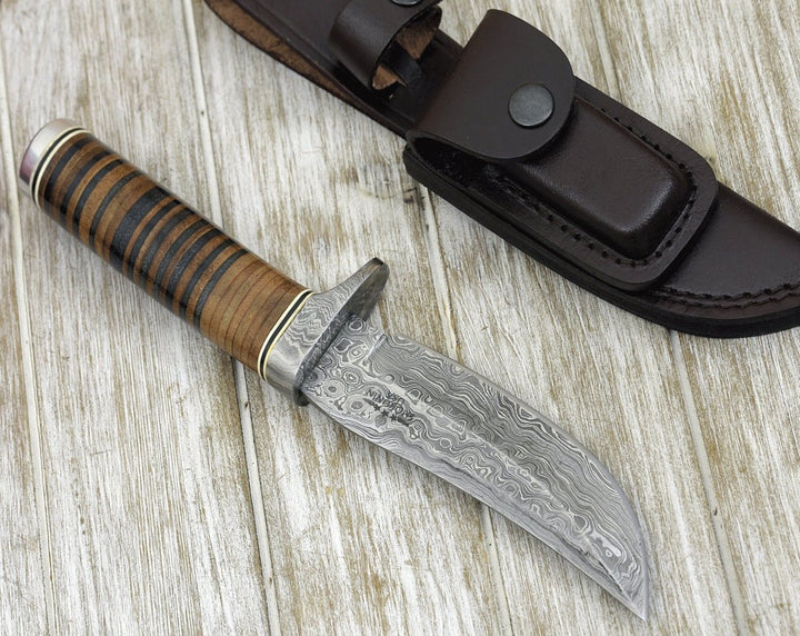 Utility Knife - Serenity Damascus Hunting Knife with Stacked Leather Handle - Shokunin USA