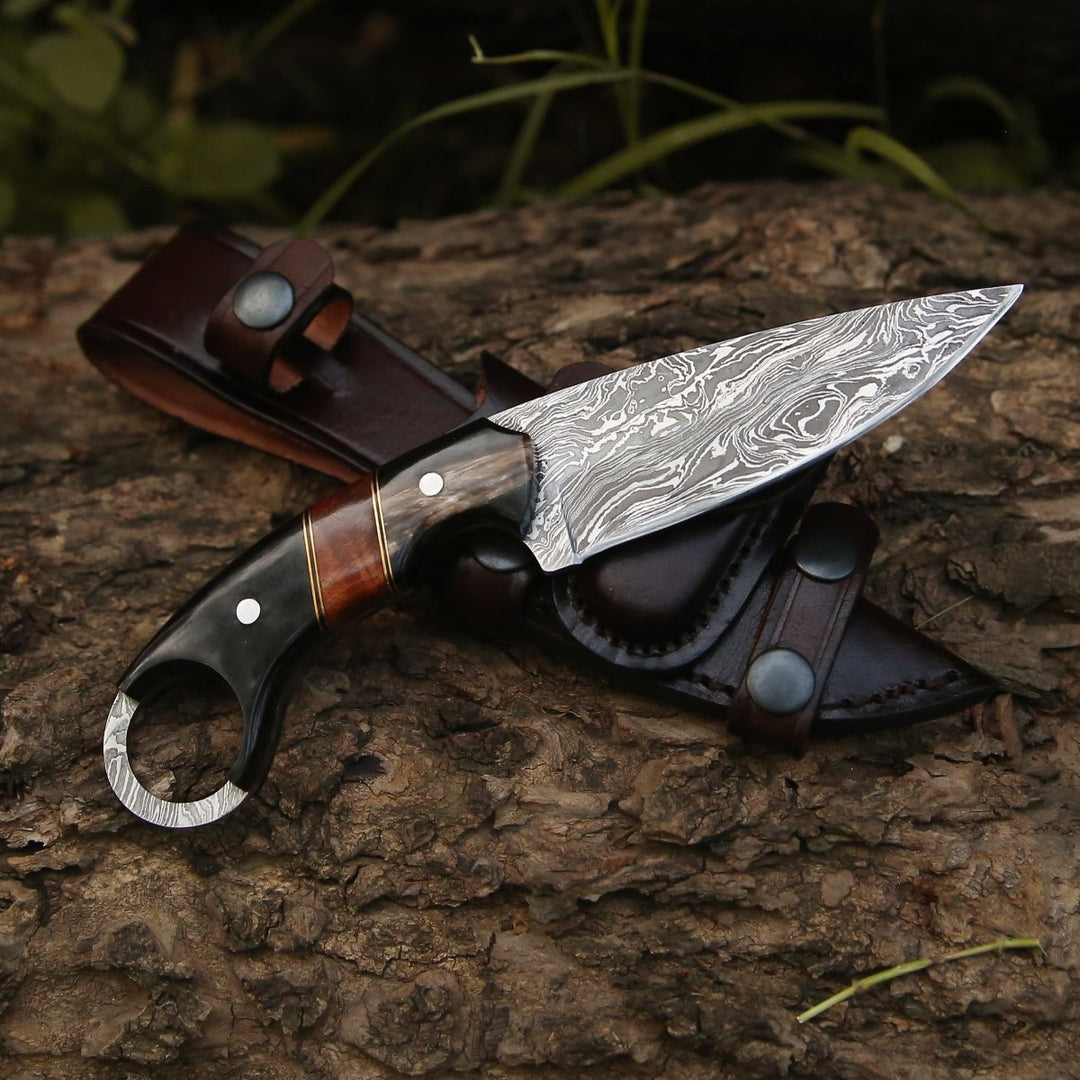 Damascus Knife - Shadow Damascus Knife with Horn & Exotic Rose Wood Handle - Shokunin USA