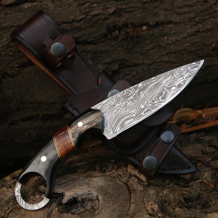 Damascus Knife - Shadow Damascus Knife with Horn & Exotic Rose Wood Handle - Shokunin USA