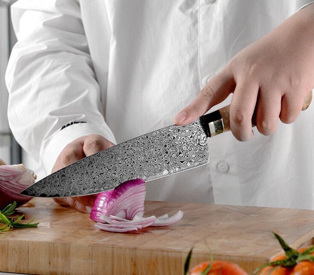 Chef Knife - Shinobi VG10 Chef Knife with Exotic Olive Wood & Mother of Pearl Handle - Shokunin USA