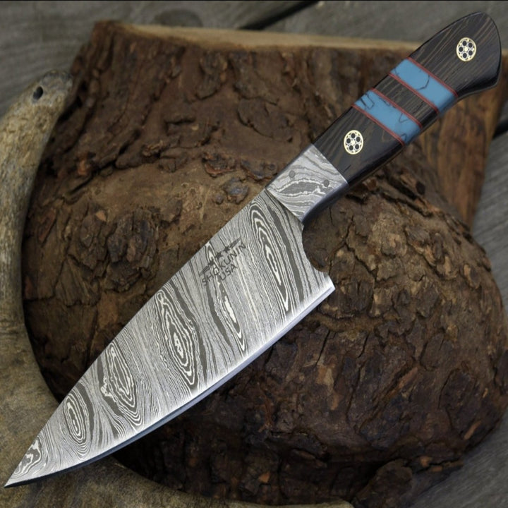 Chef knife - Solstice Damascus Chef Knife with Exotic Wenge Wood & Turquoise Handle - Shokunin USA