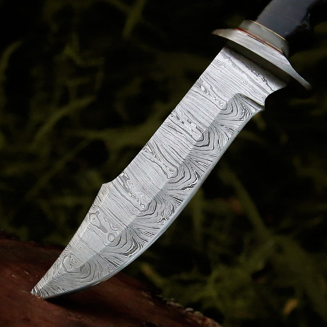 Damascus Knife - Soul Sniper Bowie Knife with Mother of Pearl & Stacked Leather Handle - Shokunin USA