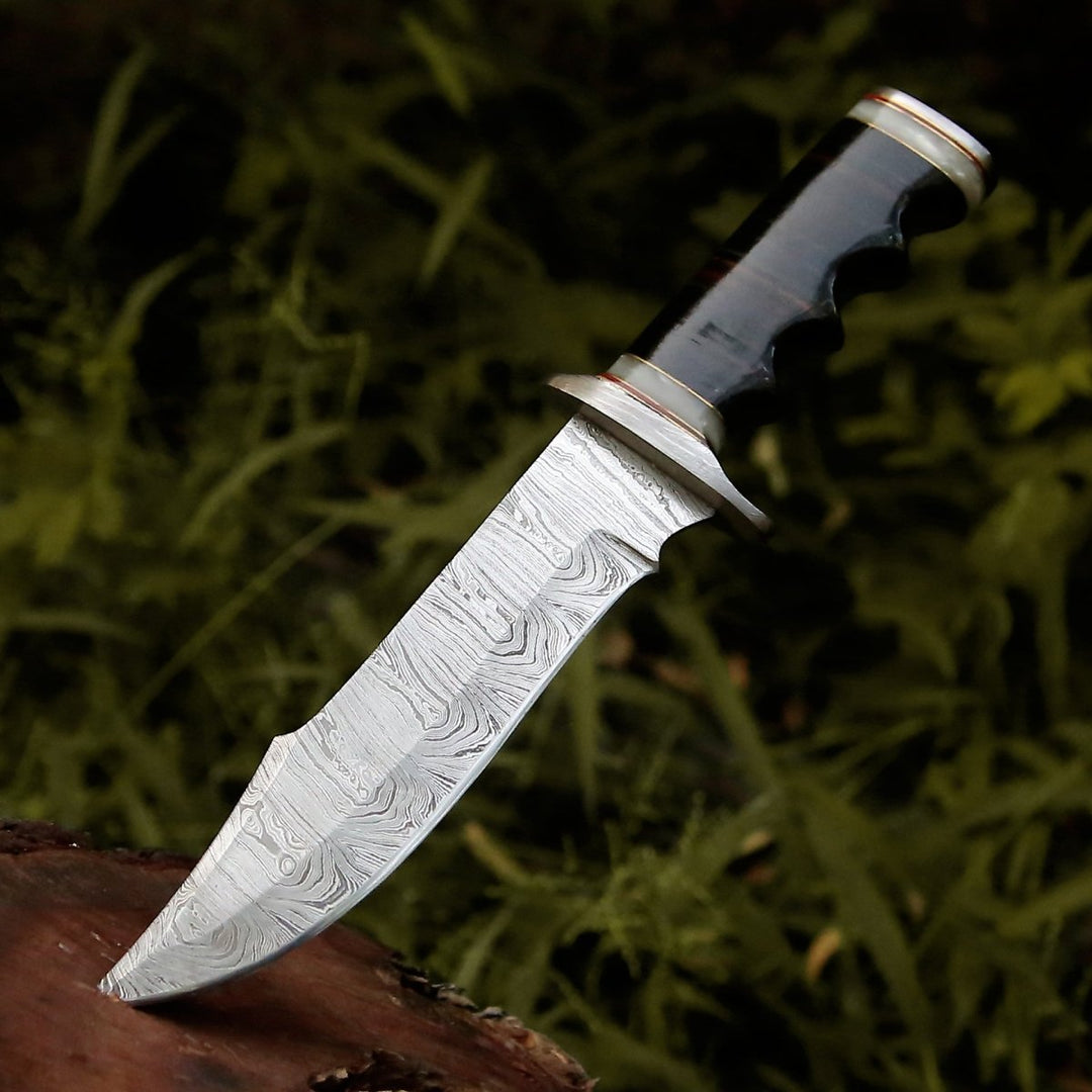 Damascus Knife - Soul Sniper Bowie Knife with Mother of Pearl & Stacked Leather Handle - Shokunin USA