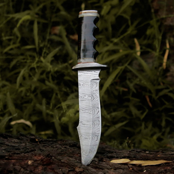 Damascus Knife - Soul Sniper Bowie Knife with Mother of Pearl & Stacked Leather Handle - Shokunin USA