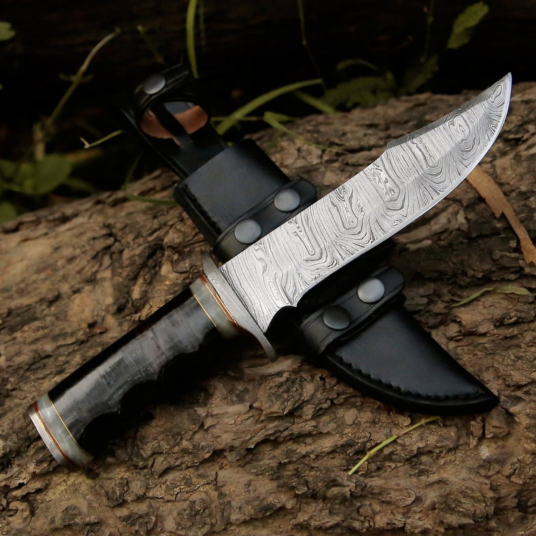 Damascus Knife - Soul Sniper Bowie Knife with Mother of Pearl & Stacked Leather Handle - Shokunin USA