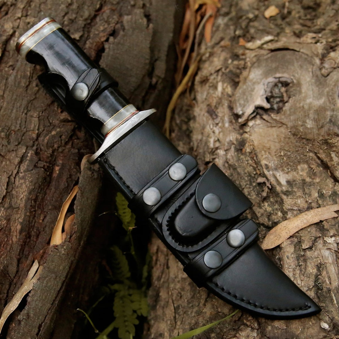 Damascus Knife - Soul Sniper Bowie Knife with Mother of Pearl & Stacked Leather Handle - Shokunin USA