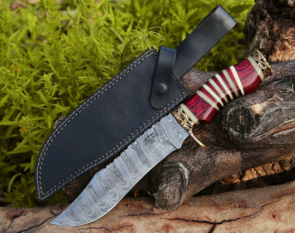 Damascus Knife - Stream Bowie Knife with Pakkawood & Bone Handle - Shokunin USA