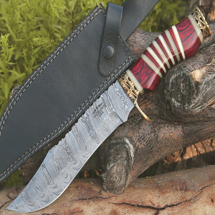 Damascus Knife - Stream Bowie Knife with Pakkawood & Bone Handle - Shokunin USA