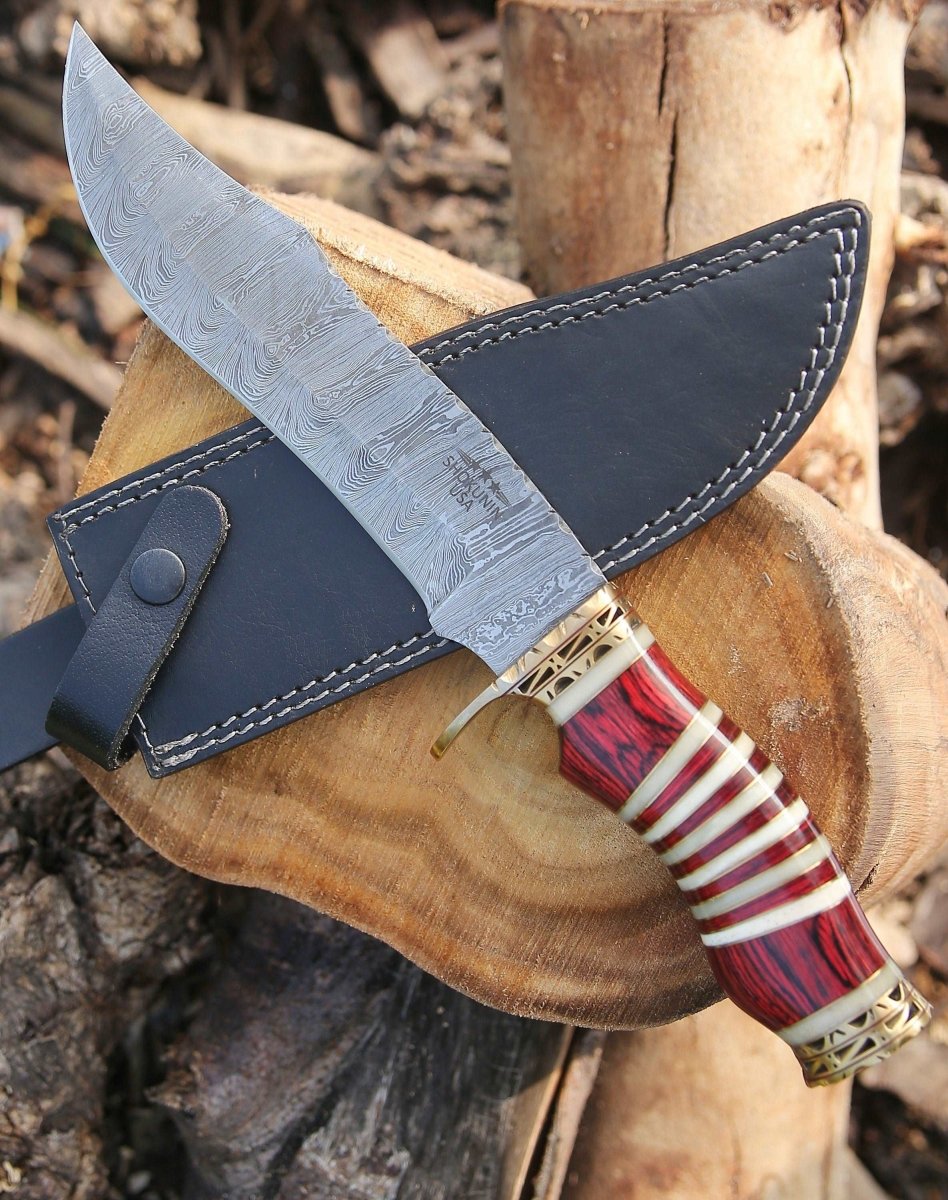 Damascus Knife - Stream Bowie Knife with Pakkawood & Bone Handle - Shokunin USA