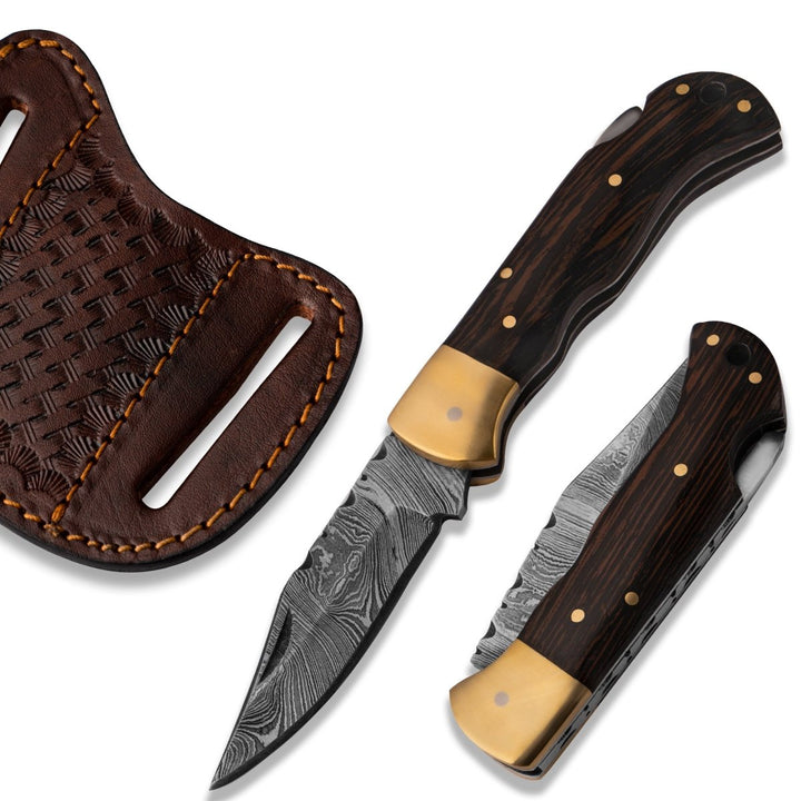 Weddings - SwiftFlip Damascus Pocket Knife with Exotic Wenge Wood Handle - Shokunin USA