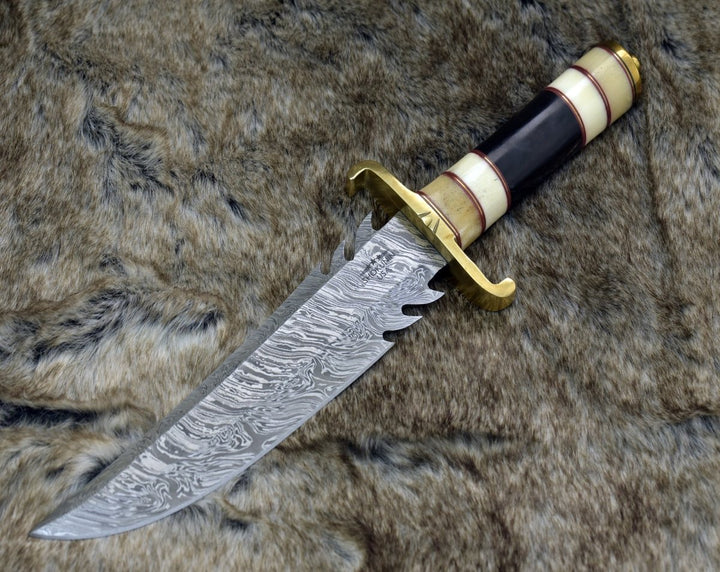 Damascus Knife - Tempest Damascus Bowie Knife with Bone & Horn Handle - Shokunin USA