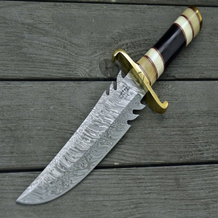 Damascus Knife - Tempest Damascus Bowie Knife with Bone & Horn Handle - Shokunin USA