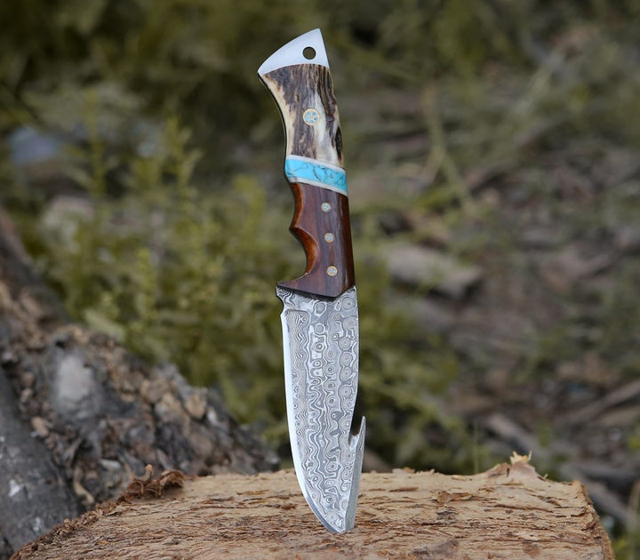 Damascus Knife - Thunder Damascus Gut Hook Knife with Antler & Turquoise Handle - Shokunin USA