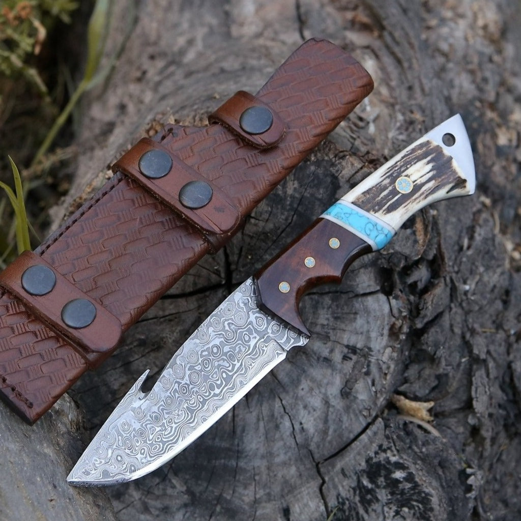 Damascus Knife - Thunder Damascus Gut Hook Knife with Antler & Turquoise Handle - Shokunin USA