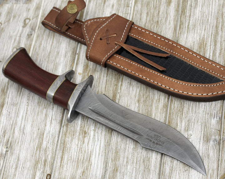 Utility Knife - Tide Damascus Bowie Knife with Exotic Red Heart Wood Handle & Sheath - Shokunin USA