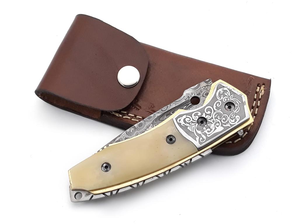 Damascus Knife - Trailblazer Damascus Pocket Knife with Bone Handle - Shokunin USA