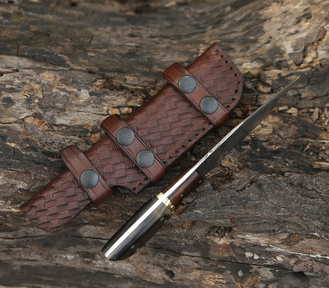 Damascus Knife - Trailseeker Every Day Carry Knife with Ram Horn & Rosewood Handle - Shokunin USA