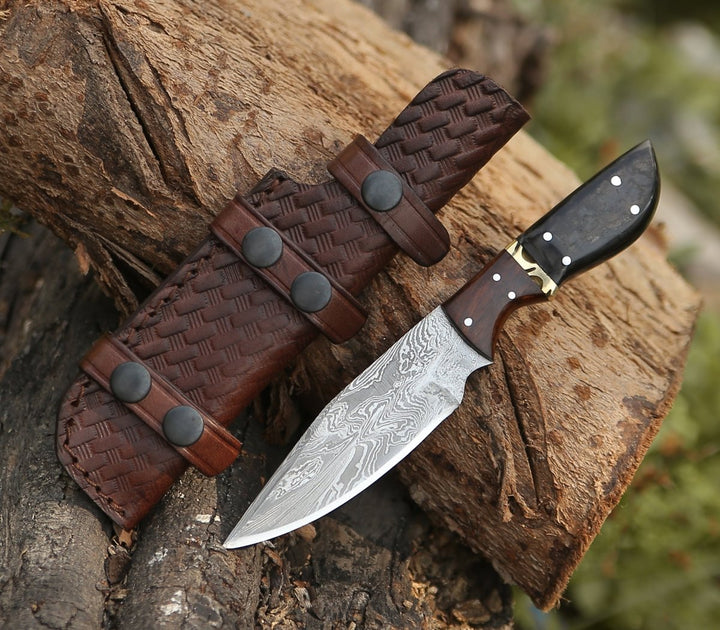 Damascus Knife - Trailseeker Every Day Carry Knife with Ram Horn & Rosewood Handle - Shokunin USA