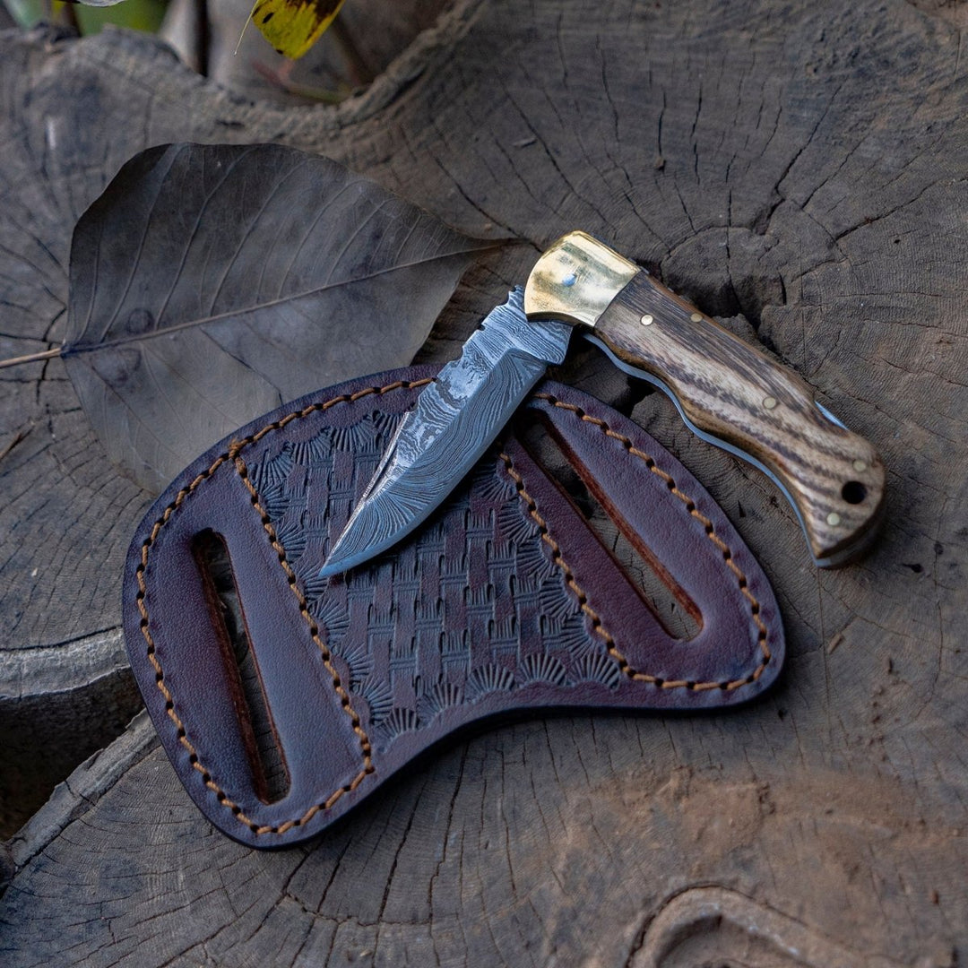 Pocket Knives - Vanguard Damascus Folding Knife with Charred Oak Handle - Shokunin USA