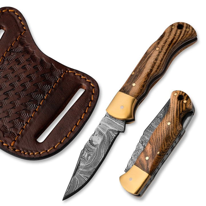 Pocket Knives - Vanguard Damascus Folding Knife with Charred Oak Handle - Shokunin USA