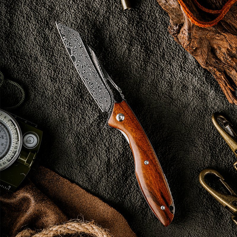 Multitool - Vengeance Damascus Pocket Knife with Exotic Dessert Ironwood Handle - Shokunin USA