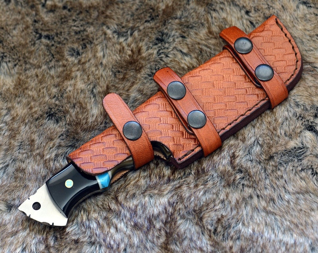 Vertex Damascus Gut Hook Knife with Ram Horn &amp; Turquoise Handle - Shokunin USA