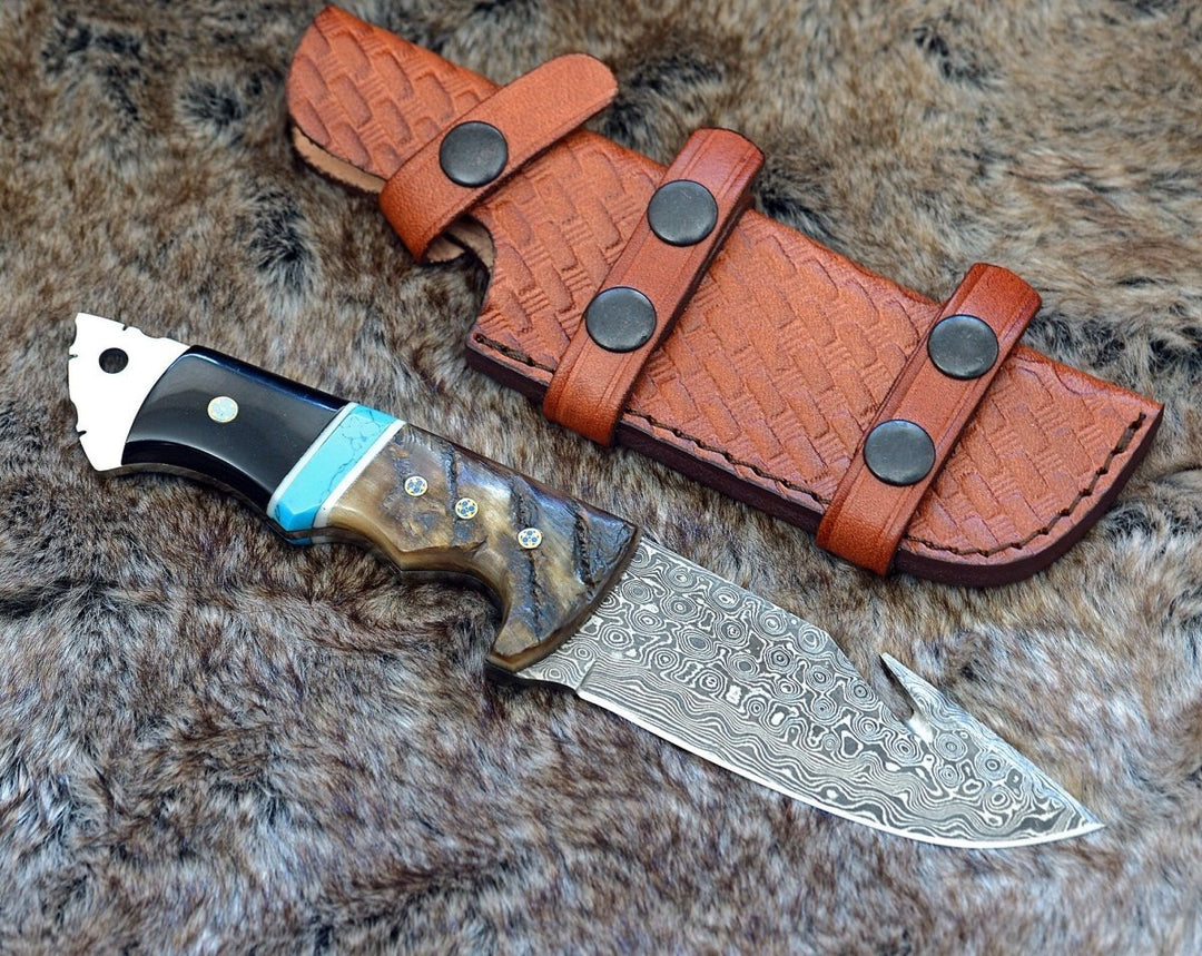 Vertex Damascus Gut Hook Knife with Ram Horn &amp; Turquoise Handle - Shokunin USA