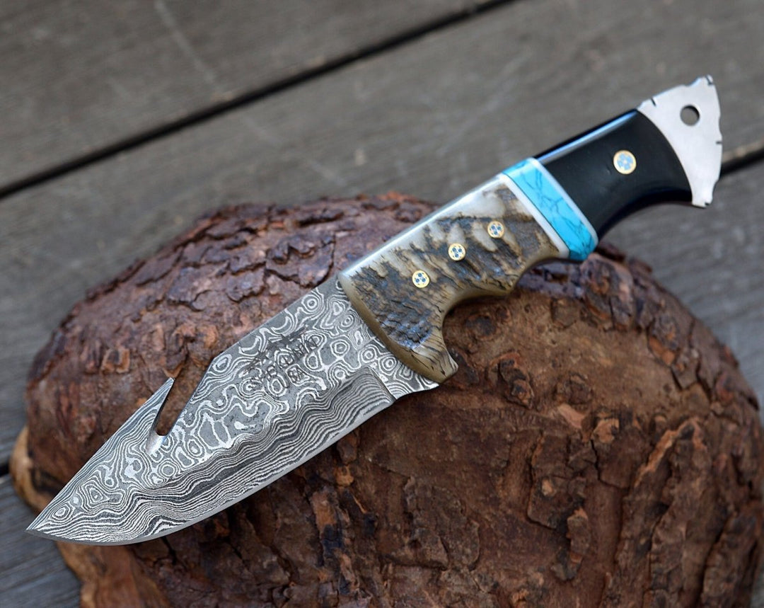 Vertex Damascus Gut Hook Knife with Ram Horn &amp; Turquoise Handle - Shokunin USA