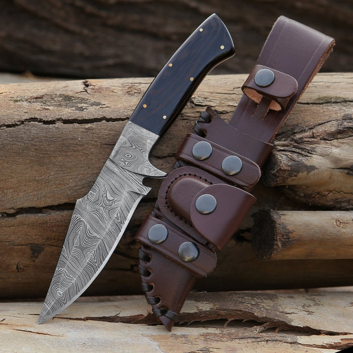 Damascus Knife - Vesper Damascus Hunting Knife with Exotic Wenge Wood Handle & Sheath - Shokunin USA