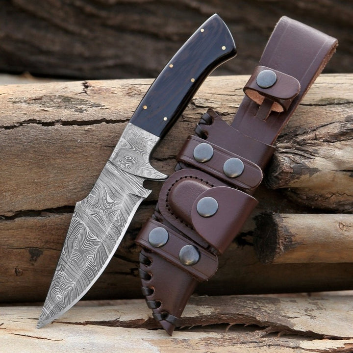 Damascus Knife - Vesper Damascus Hunting Knife with Exotic Wenge Wood Handle & Sheath - Shokunin USA