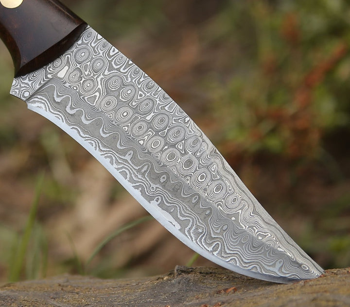 Damascus Knife - Virtue Damascus Hunting Knife Fixed Blade with Exotic Rose Wood Handle - Shokunin USA