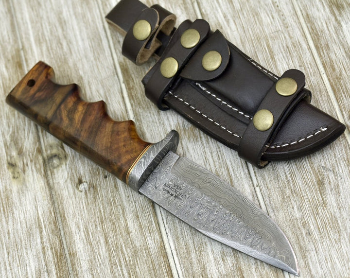 Damascus Knife - Vivid Damascus Hunting Knife with Exotic Rose Wood handle - Shokunin USA