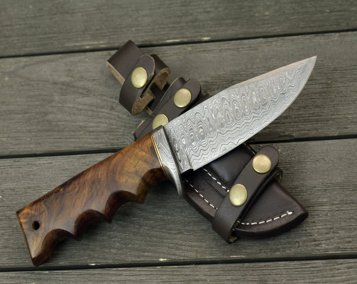 Damascus Knife - Vivid Damascus Hunting Knife with Exotic Rose Wood handle - Shokunin USA