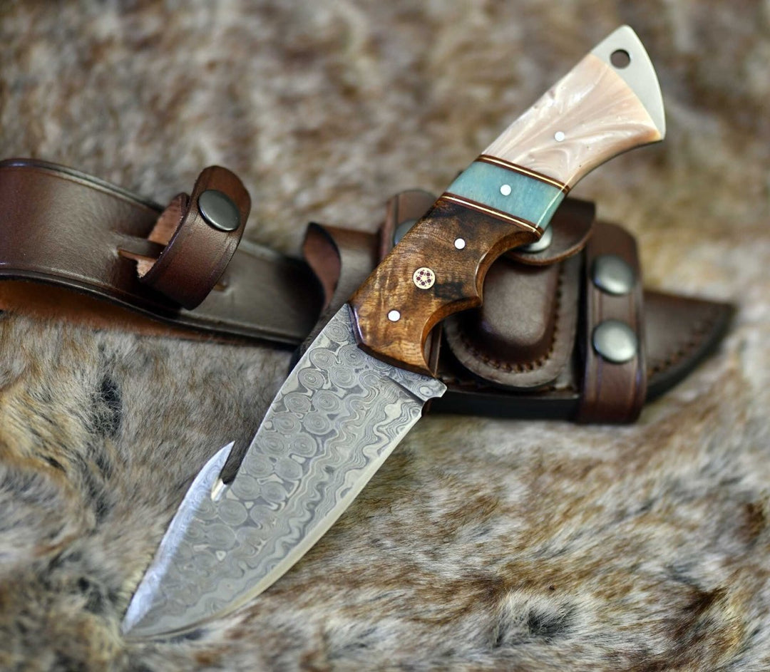 Damascus Knife - Voyager Damascus Gut Hook Knife with Exotic Rose Wood and Mother of Pearl Handle - Shokunin USA