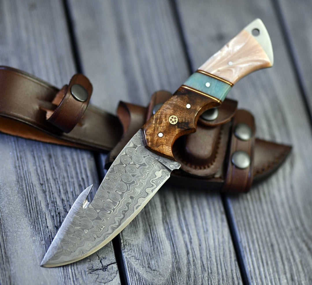 Damascus Knife - Voyager Damascus Gut Hook Knife with Exotic Rose Wood and Mother of Pearl Handle - Shokunin USA