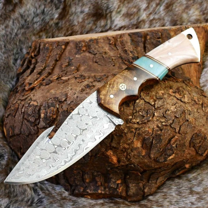 Damascus Knife - Voyager Damascus Gut Hook Knife with Exotic Rose Wood and Mother of Pearl Handle - Shokunin USA