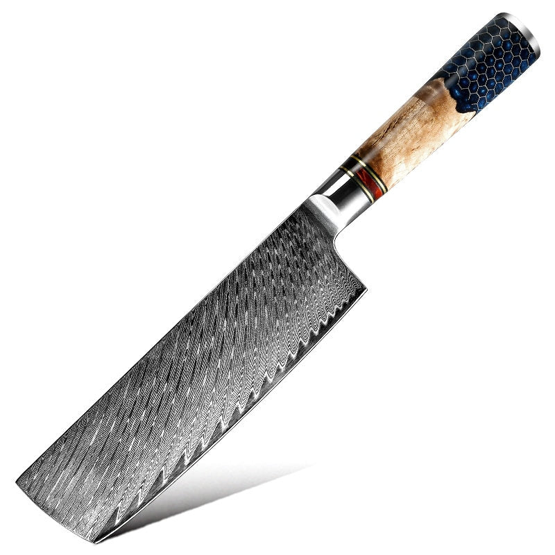 Chef knife - Yamato VG10 Chef Knife Damascus Nakiri Knife with Exotic Olive Wood & Honeycomb Resin Handle - Shokunin USA