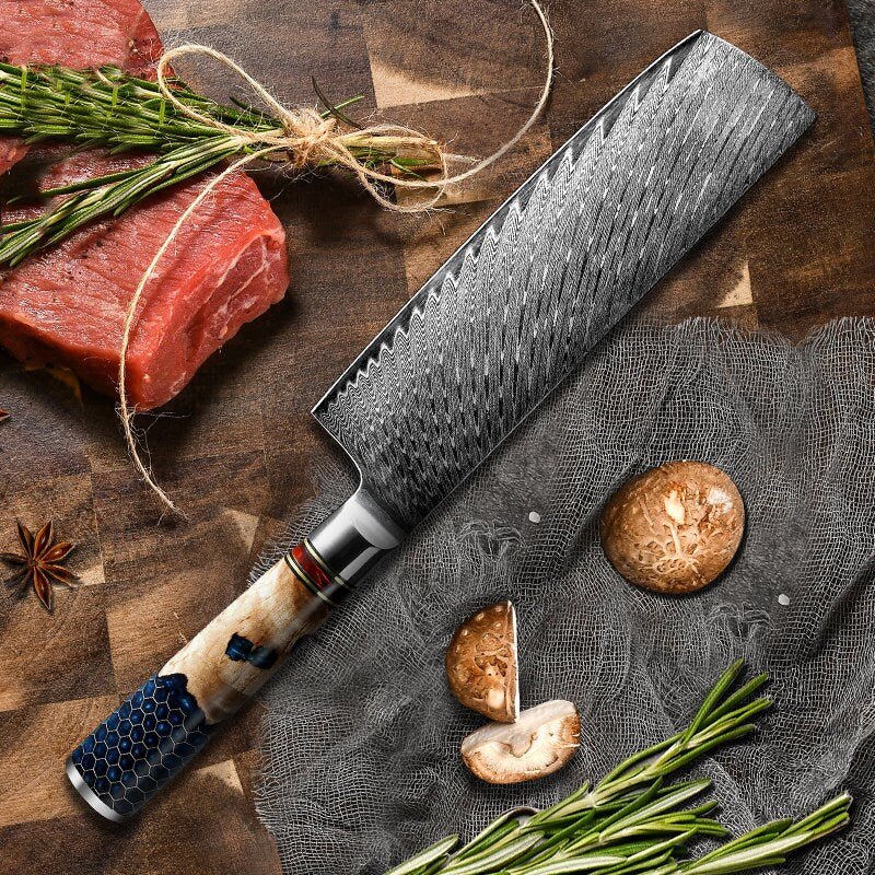 Chef knife - Yamato VG10 Chef Knife Damascus Nakiri Knife with Exotic Olive Wood & Honeycomb Resin Handle - Shokunin USA