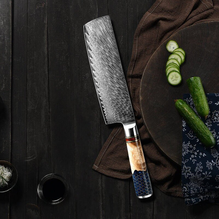 Chef knife - Yamato VG10 Chef Knife Damascus Nakiri Knife with Exotic Olive Wood & Honeycomb Resin Handle - Shokunin USA